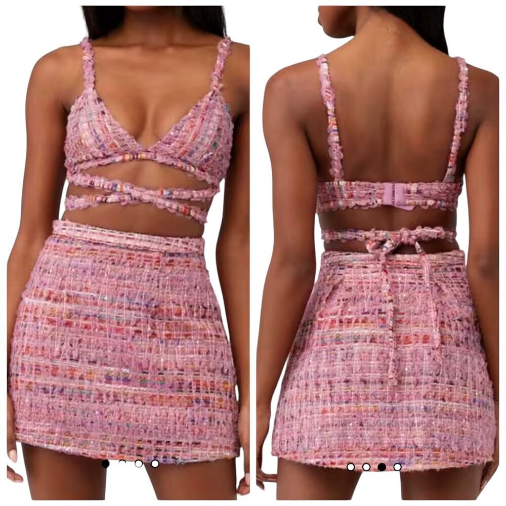 For Love & Lemons Celine Bra Top Pink Tweed Wrap 1X NWT